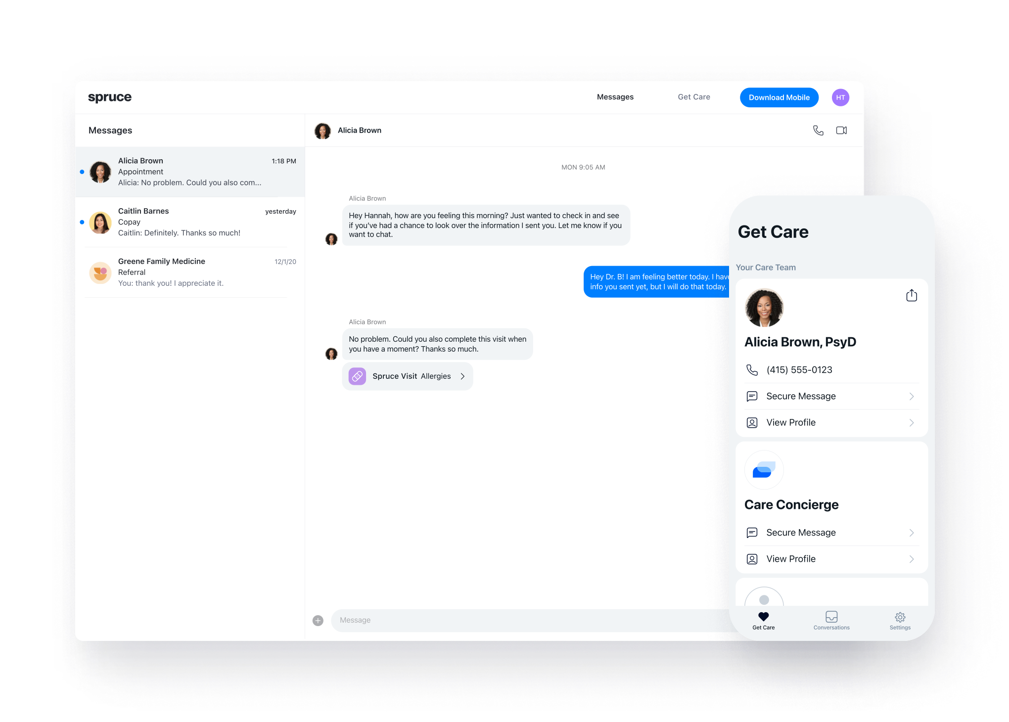 Spruce messaging on desktop and mobile